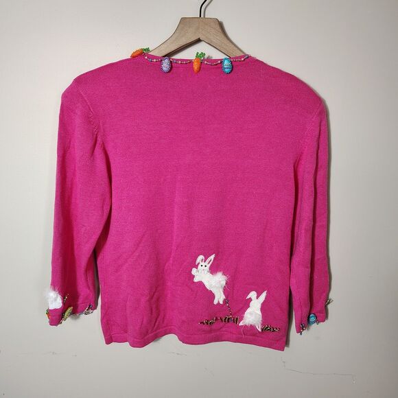 Vtg Jack B. Quick Bunny Rabbit Easter Eggs Cardigan Womens Bright Beaded Small P - Picture 6 of 9